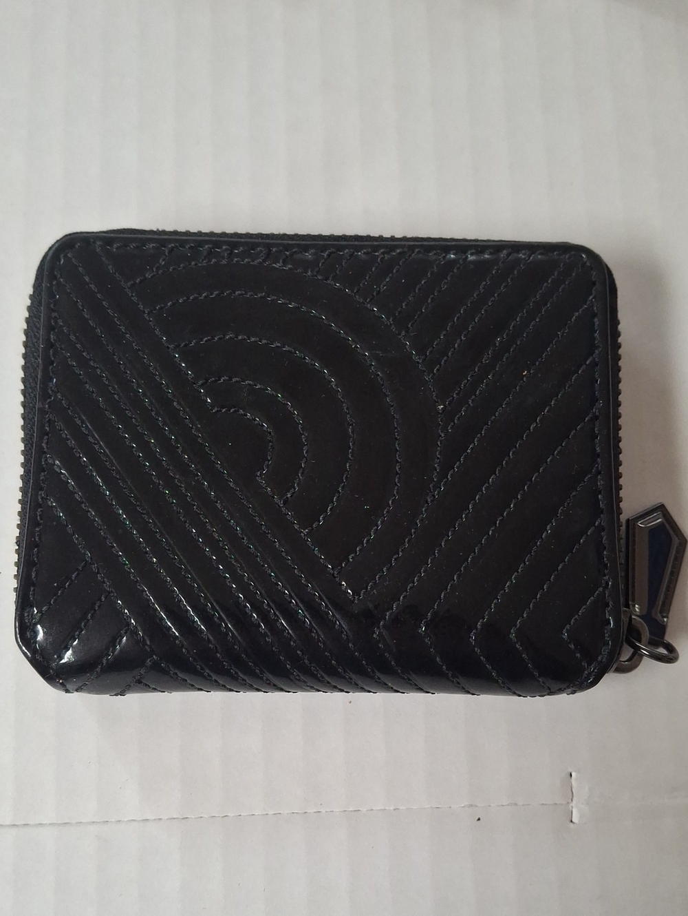 Reed Krakoff Black Patent Leather Quilted Track Zip Around Wallet Mini